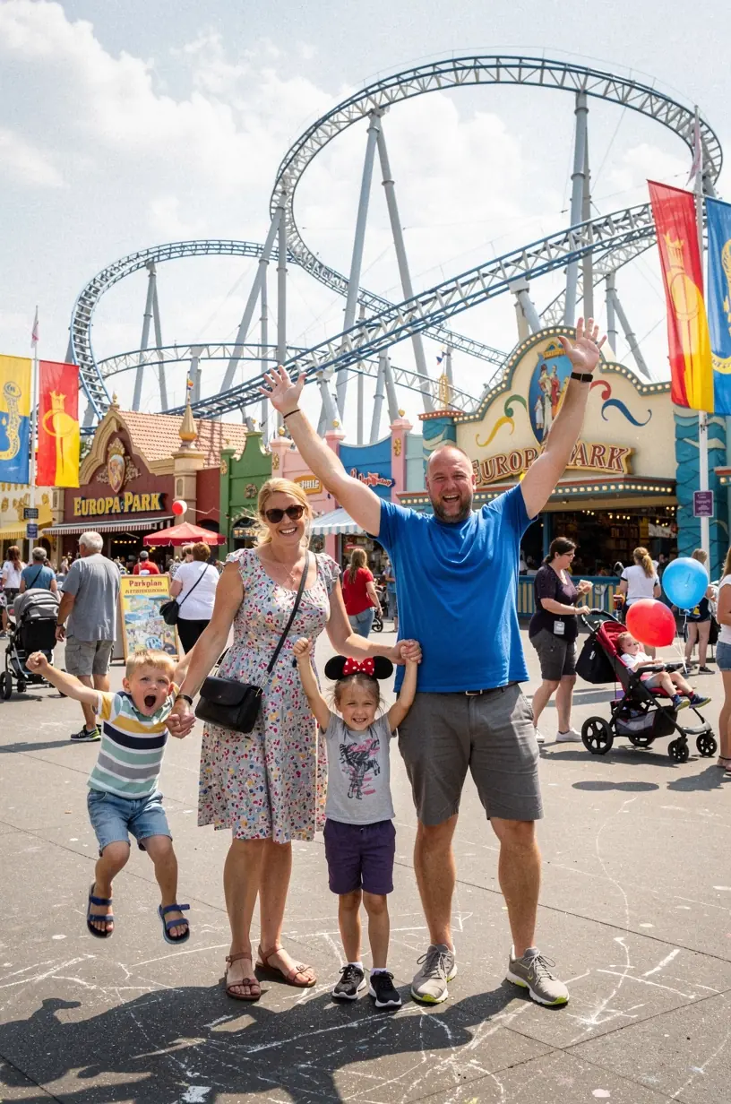 Familie macht Pause an einem familienfreundlichen Picknickplatz mit schattigen Bäumen und kindgerechten Sitzgelegenheiten.